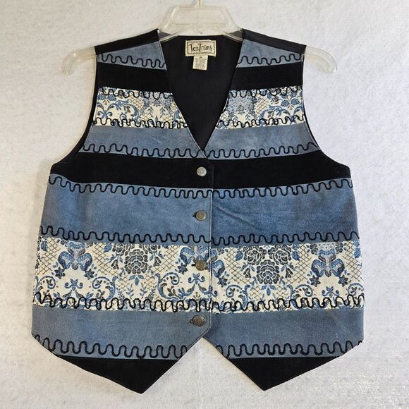 TanTrums Vest Womens Medium Blue Leather/Suede Embroidered Cottagecore Western - Picture 1 of 12